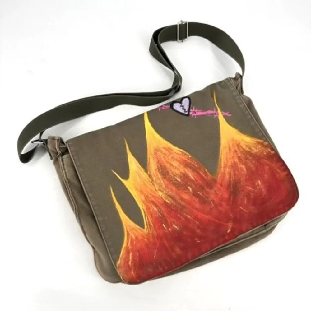 Vintage Y2K Gap Canvas Handpainted Fire Print Crossbody Messenger Bag‎ Green